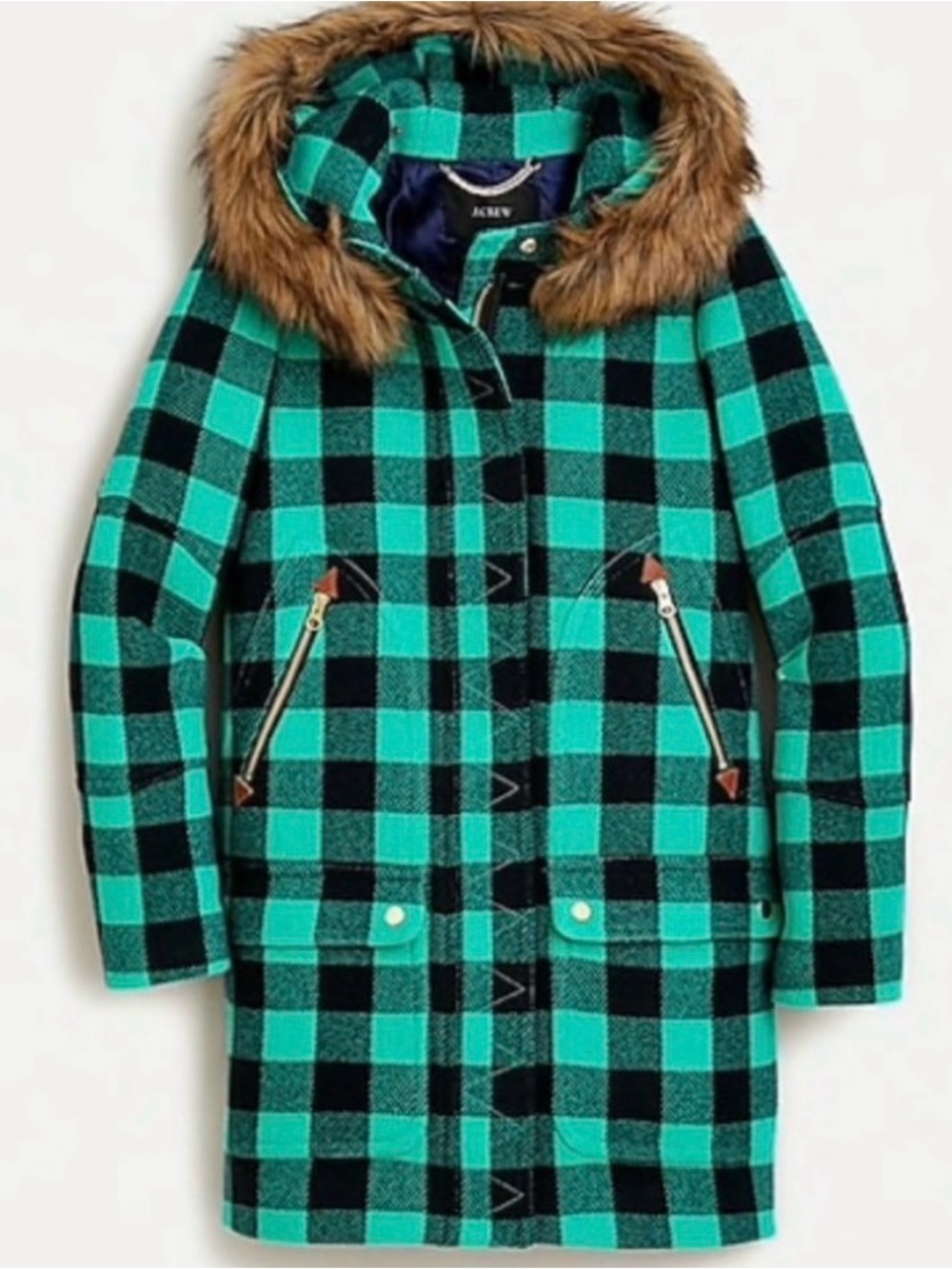 J Crew buffalo green/black check Italian wool hooded coat with blue liner size 2